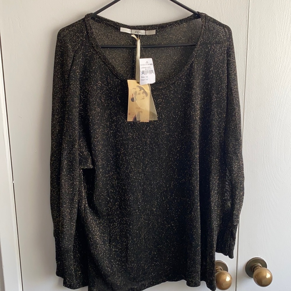 Black and gold shiny long sleeve knit blouse